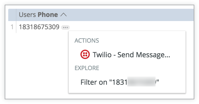 用户“电话”字段的展开菜单,其中包含“操作”部分中的“Twilio - 发送消息”。