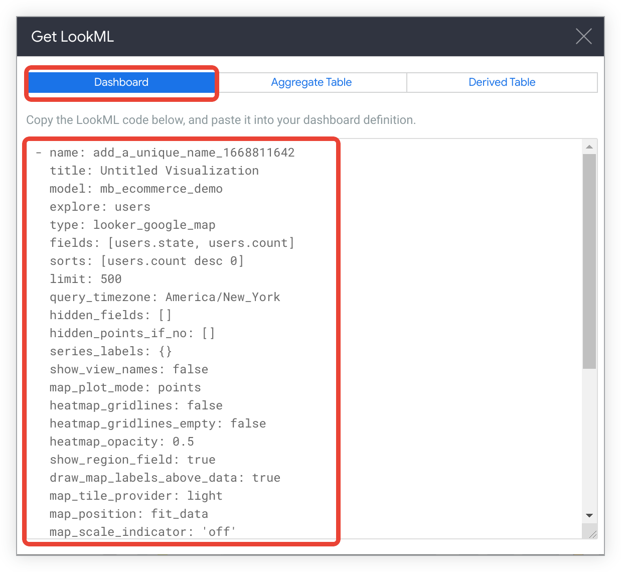 在“获取 LookML”窗口顶部，有用于显示信息中心、汇总表和派生表 LookML 的标签页。