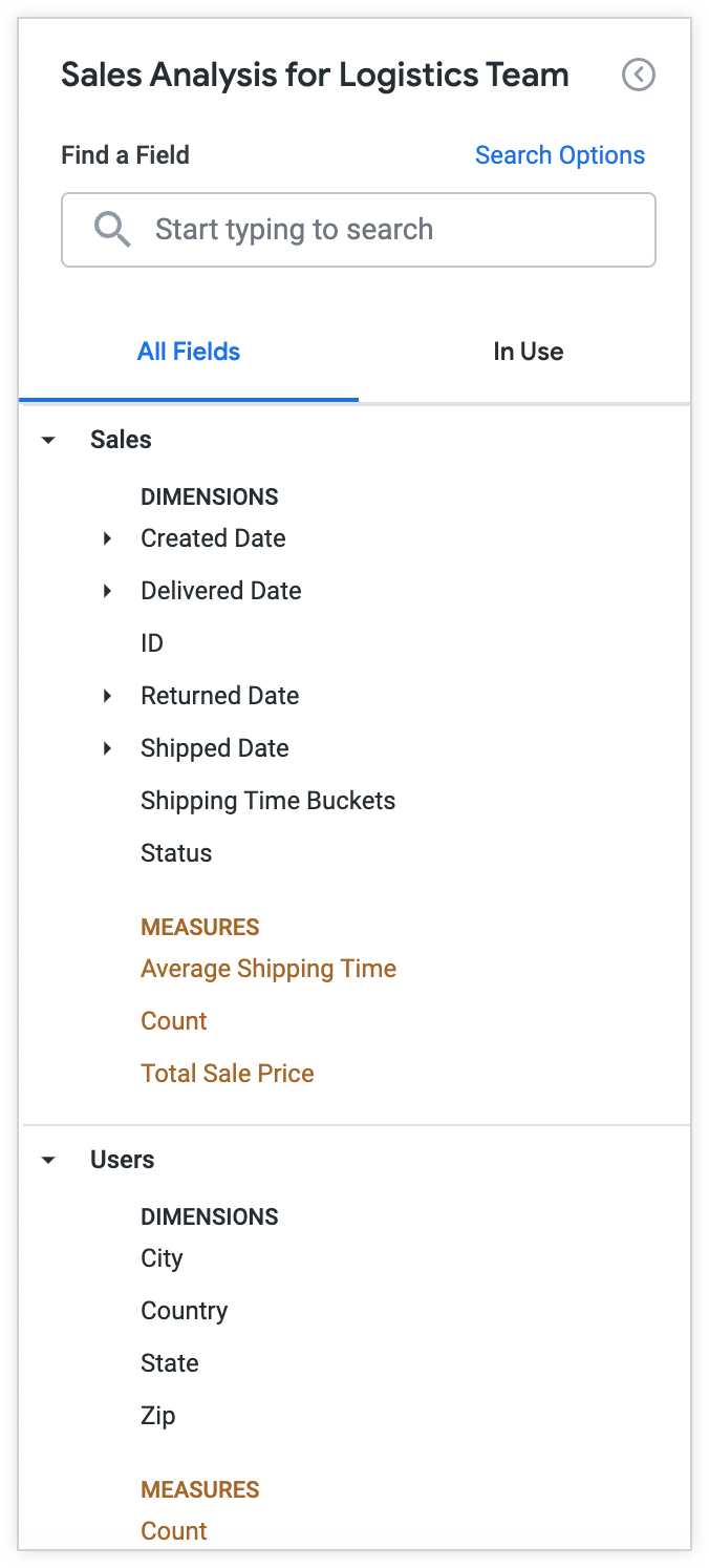 物流團隊的 Explore 功能現在會列出新的「Shipping Time Buckets」和「Average Shipping Time」欄位,以及其他運送和使用者位置欄位。