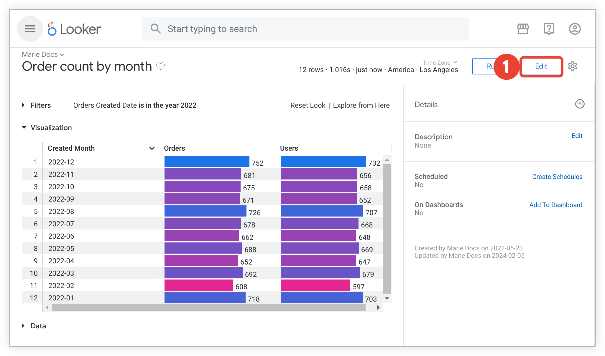 名為「Order count by month」的 Look 會顯示表格圖表,其中包含依「Orders Created Month」分組的訂單數量。