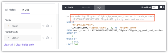 「探索」的「SQL」分頁,顯示基礎 SQL 和註解,註解會指定所用匯總資料表的暫存結構定義。