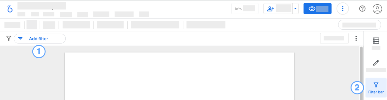 The Looker Studio editor interface, with the Add quick filter and Filter bar buttons called out.