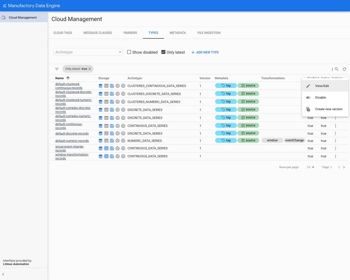 Types section - list of types