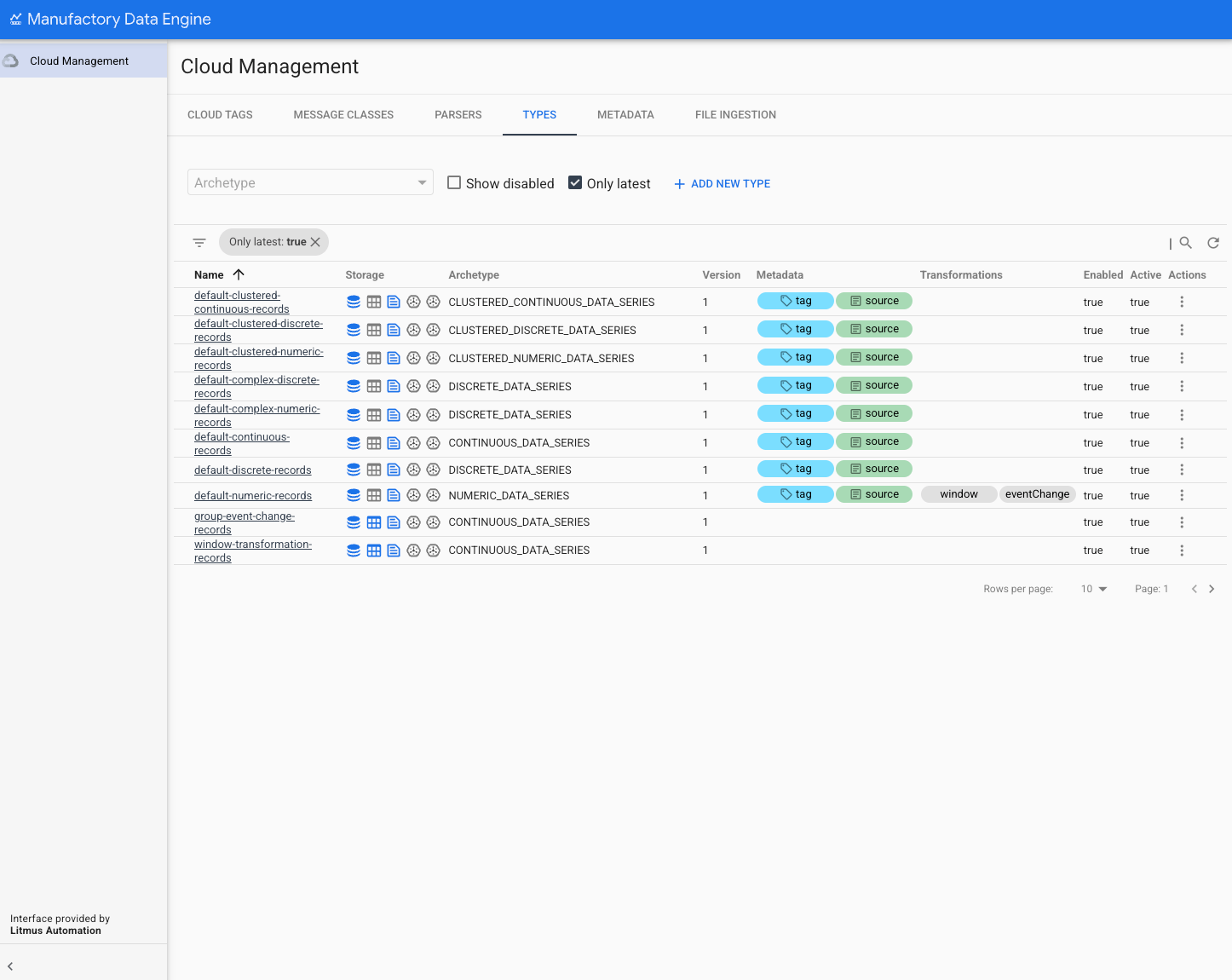 Types section - list of types