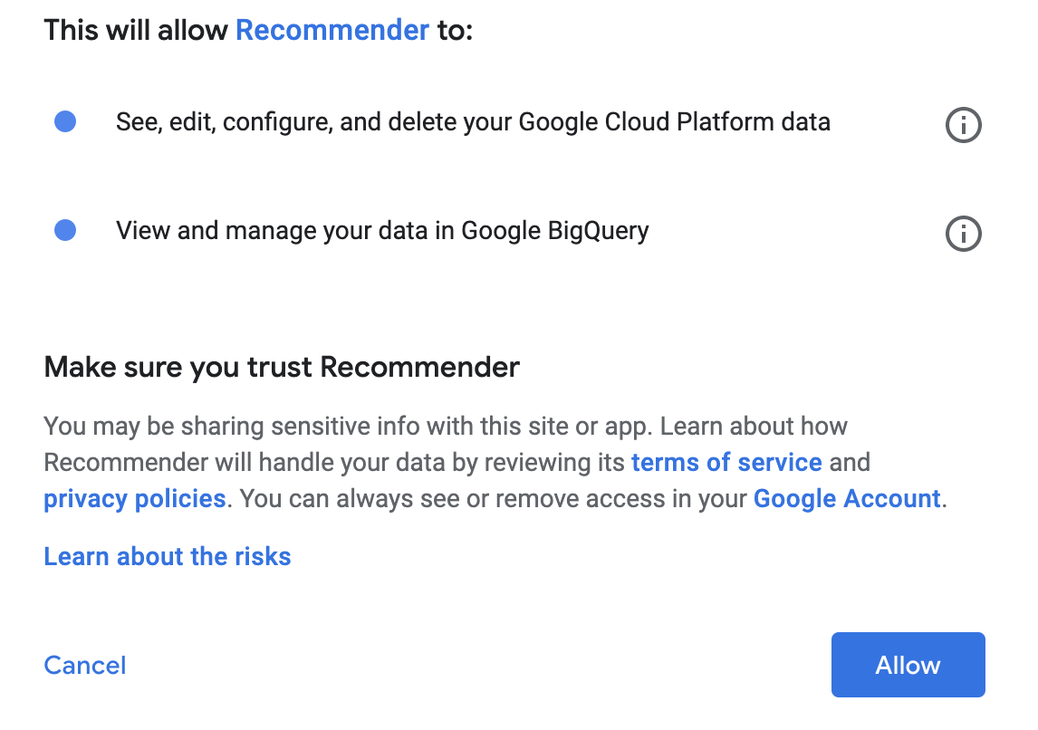 Recommender 的授权对话框，其中列出了 Recommender 所需的权限，并提供了链接，以了解风险以及 Recommender 如何处理数据。