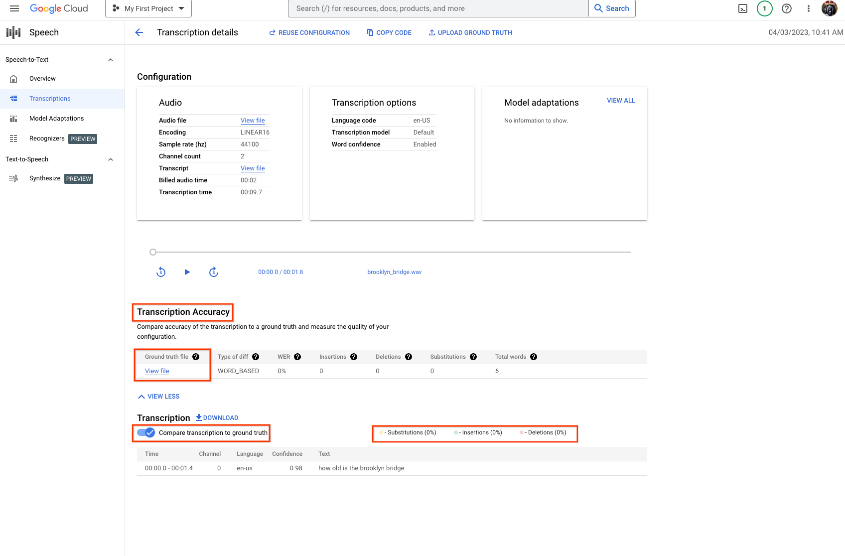 Cloud Speech-to-Text 转写准确率页面，其中显示了字词错误率为 0% 的给定转写的计算评估结果。