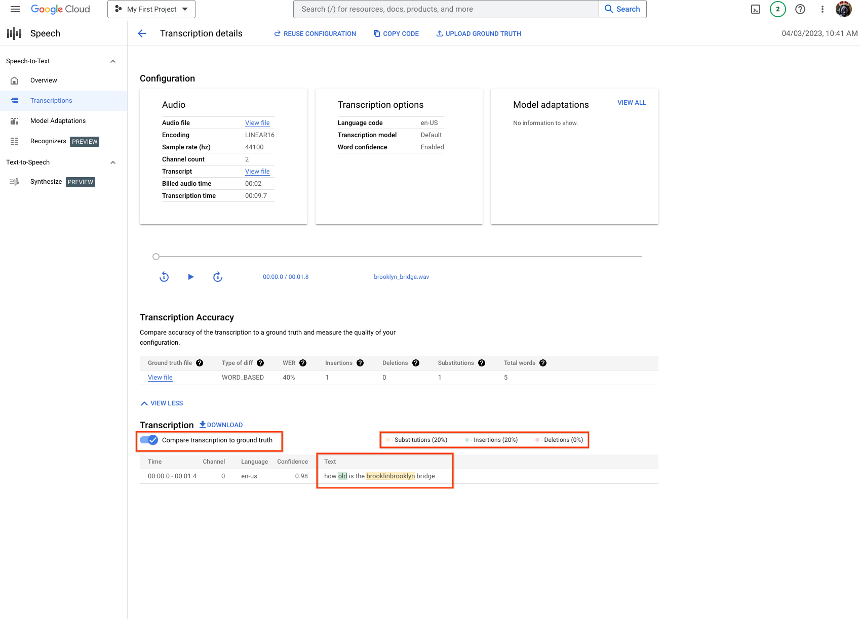 Cloud Speech-to-Text transcription accuracy page, showing computed evaluation results for the given transcript with 40% word error rate.