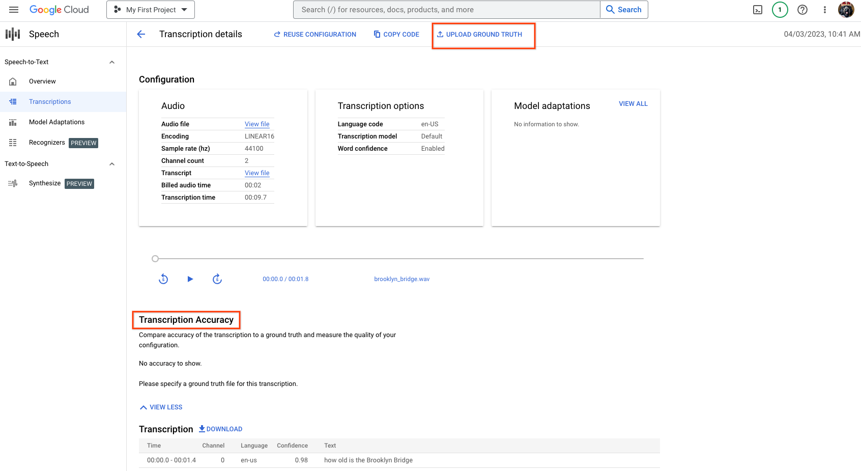 Cloud Speech-to-Text 轉錄詳細資料頁面，醒目顯示轉錄準確率部分和「上傳真值」按鈕。