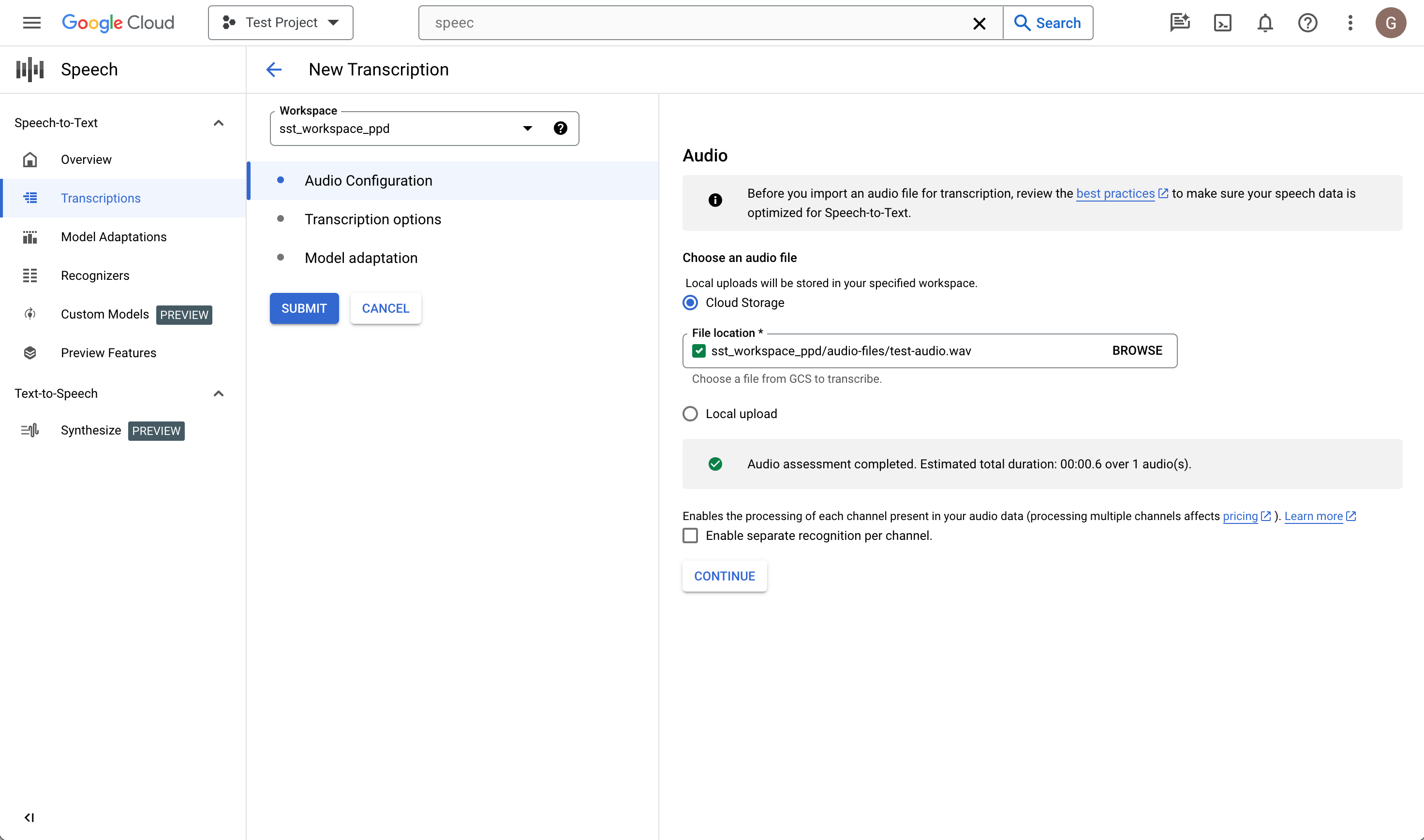 「Speech-to-text Create Transcription」(語音轉文字建立轉錄稿) 頁面。