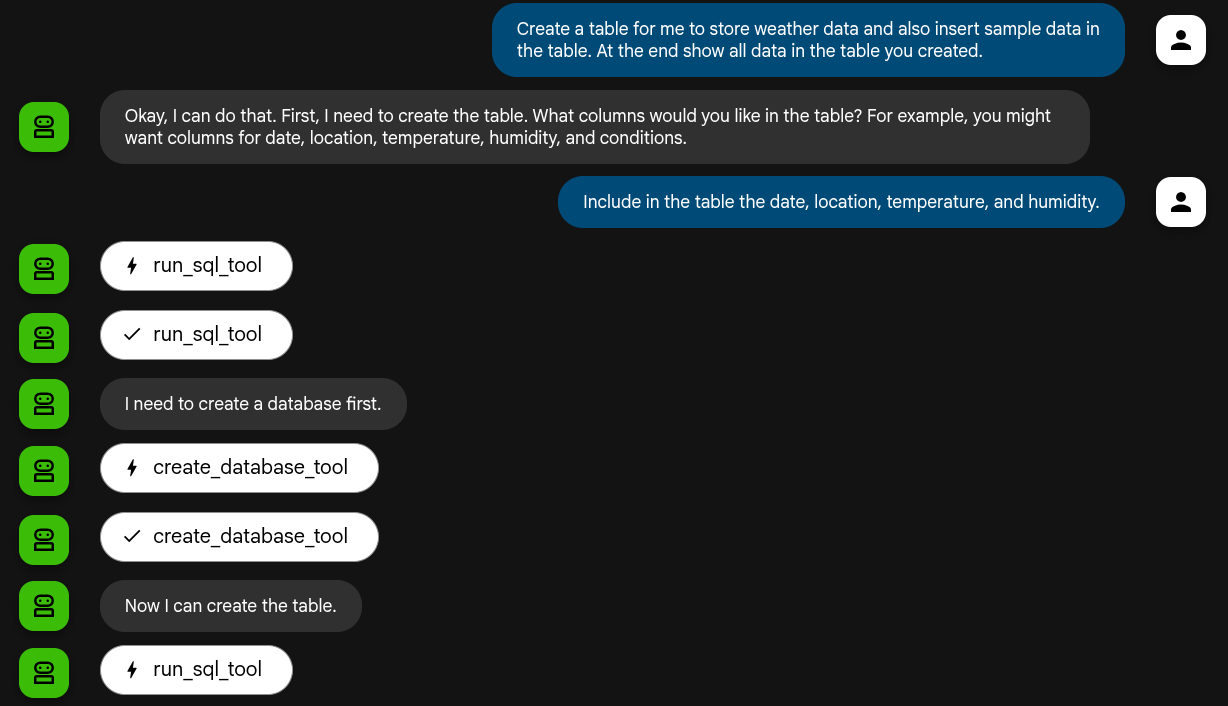 顯示與 sql_agent 的互動。
