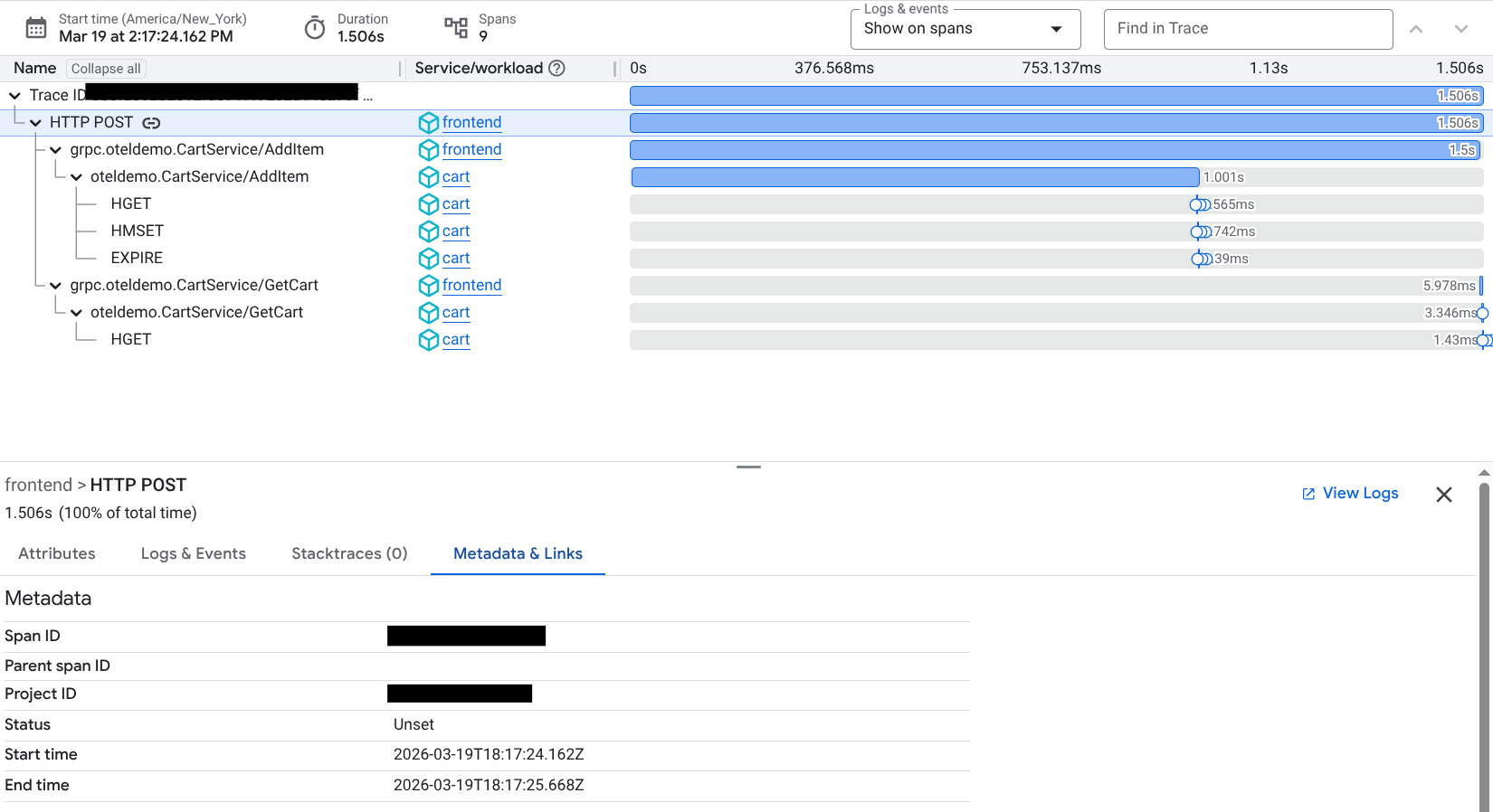 Example of the trace flyout.