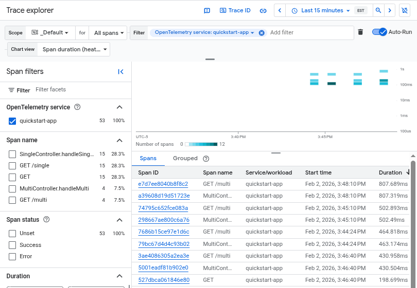 追蹤記錄探索器會顯示 OpenTelemetry 零程式碼檢測功能擷取的追蹤記錄。