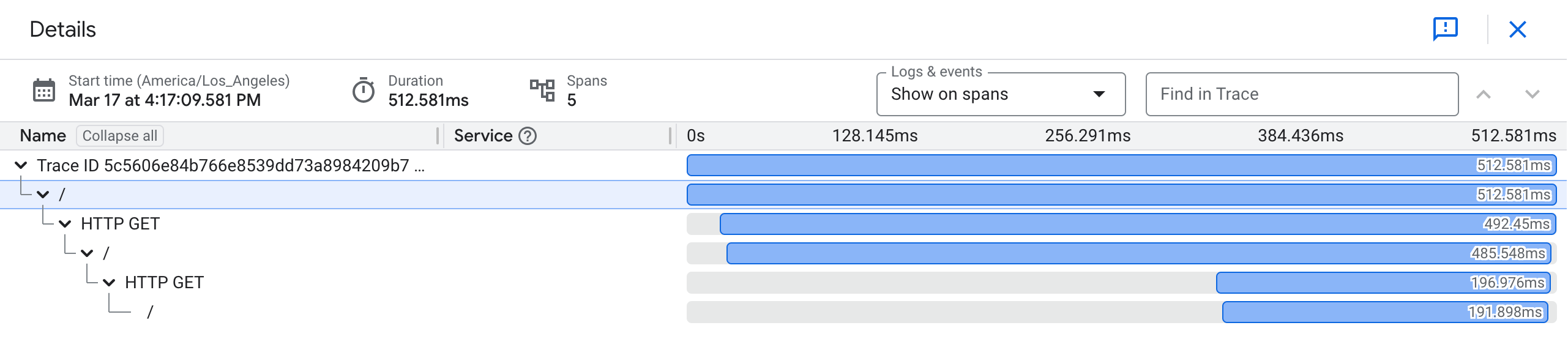 Additional details about each span are shown in the details pane.