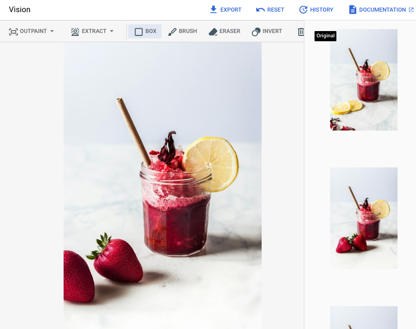 A screenshot from a generated edit of a glass jar containing a
           red liquid. In this screenshot, the lemon slices previously in the
           image foreground are replaced by two strawberries, slighly in front
           of and to the left of the jar.