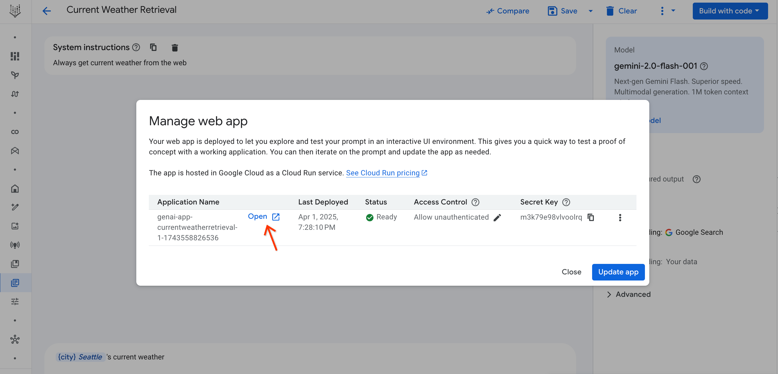 Open the app button shows up next to the app
name