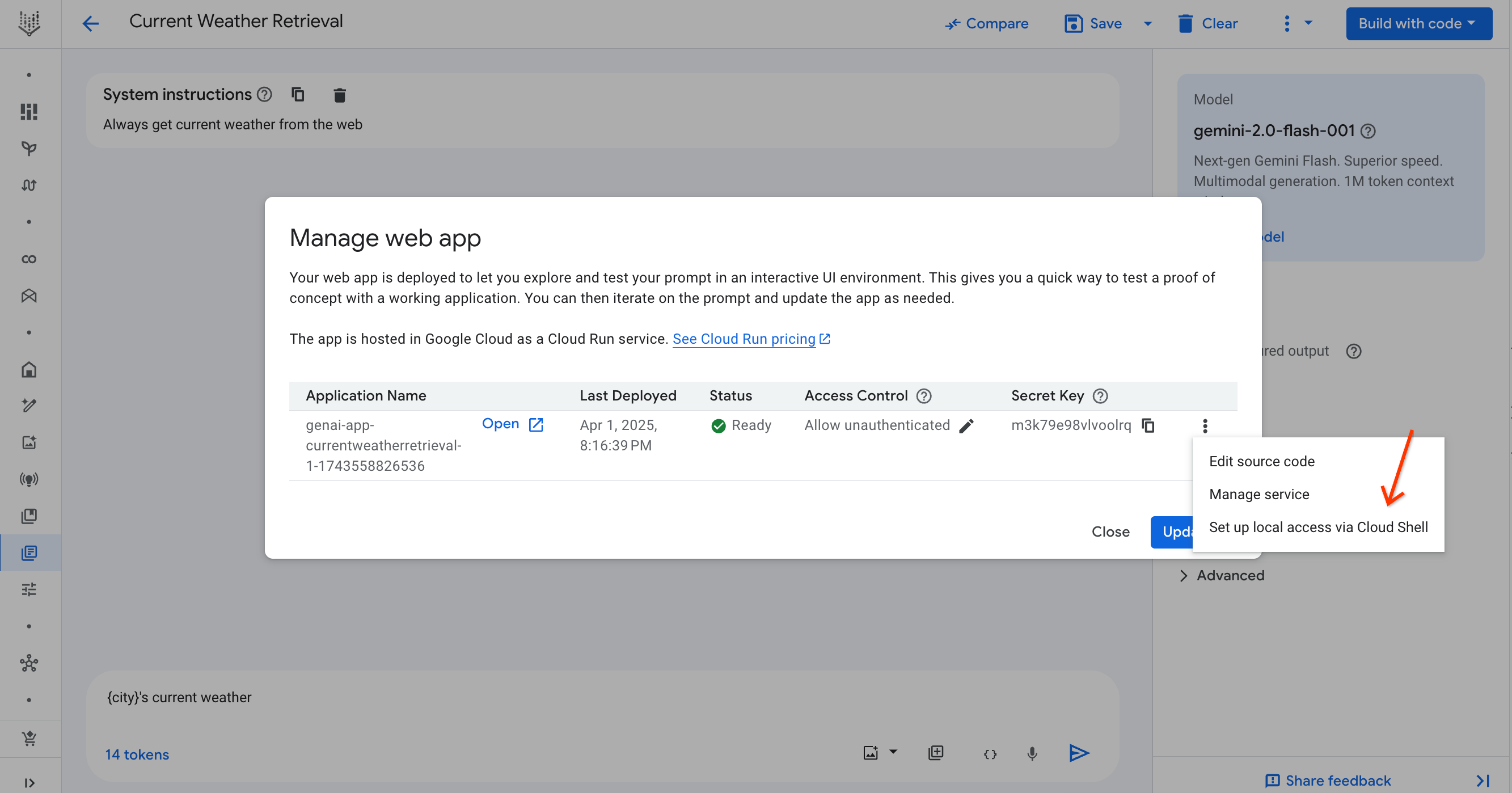 Get set up local access command from the manage web app dialog