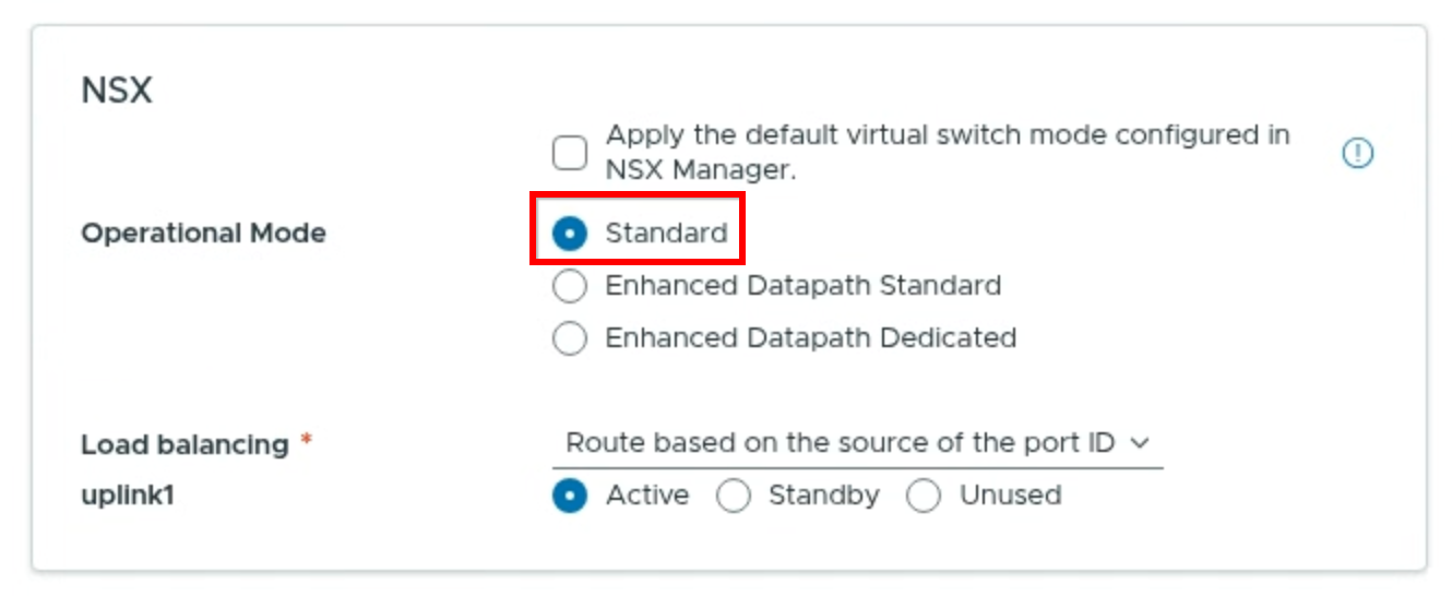 NSX configuration showing the default virtual switch mode checkbox cleared and Operational Mode set to Standard.